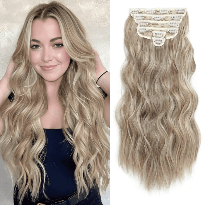 Clip in Hair Extensions for Women, 6PCS Long Wavy Curly Clip on Hair Extensions 20 Inch Dirty Blonde Mixed Gold Synthetic Thick Hairpieces