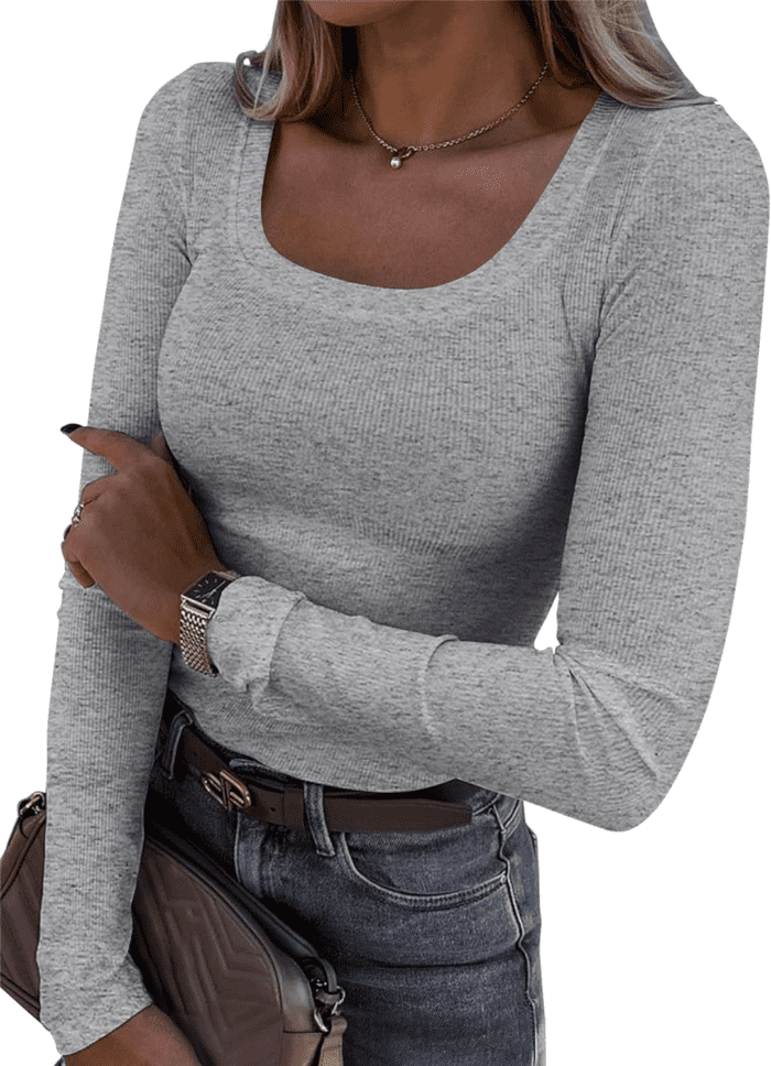 Womens Long Sleeve Scoop Neck Ribbed Knit Fitted Casual Tops Tee Slim Basic Shirts