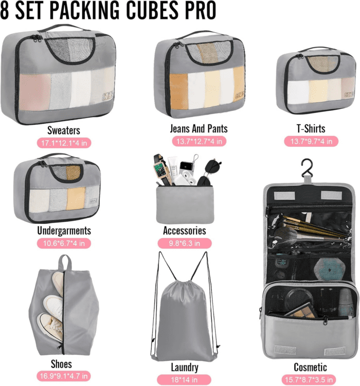 8 Set Packing Cubes for Suitcases, Travel Bag Organizers for Carry on Luggage, Suitcase Organizer Bags Set for Travel Essentials Travel Accessories in 4 Sizes(Extra Large, Large, Medium, Small) - Image 2