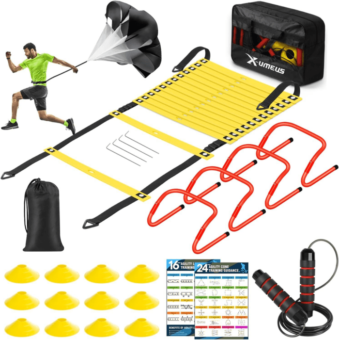 Agility Ladder Speed Training Equipment Set-20Ft Agility Ladder,12 Soccer Cones,4 Hurdles, Jump Rope, Running Parachute| Basketball Football Soccer Training Equipment for Kids Youth Adults