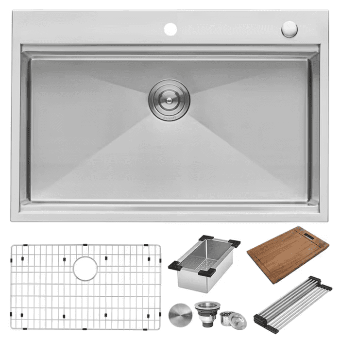 Siena Drop-In 33-In X 22-In Brushed Stainless Steel Single Bowl 2-Hole Workstation Kitchen Sink - Image 5