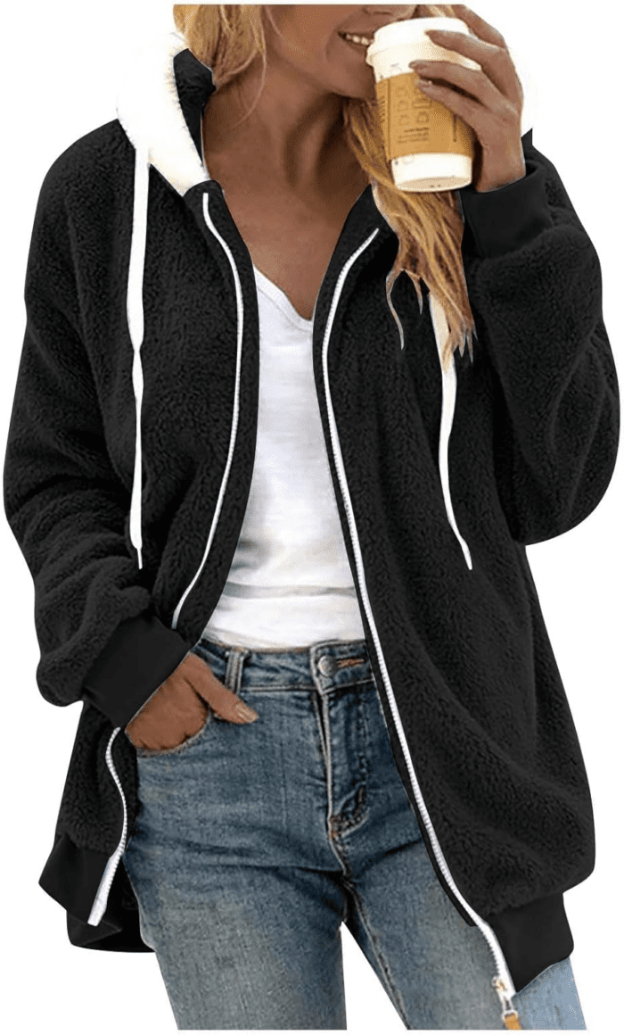 Winter Coats for Women Fuzzy Fleece Jacket Hooded Color Block Patchwork Cardigan Coat Outerwear with Pocket S-5XL - Image 2