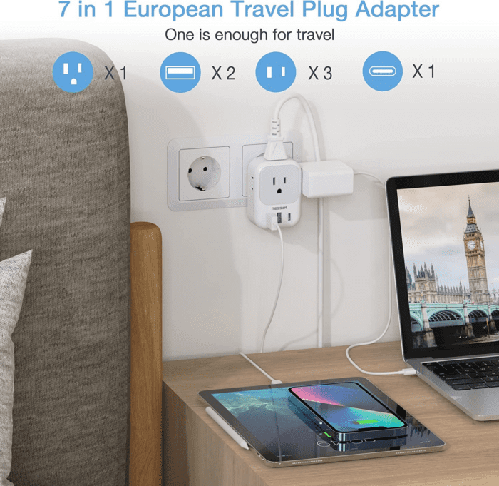 2 Pack European Travel Plug Adapter USB C,  US to Europe Plug Adapter with 4 Outlets 3 USB Charger (1 USB C Port), Type C Power Adaptor to Italy Spain France Portugal Iceland Germany, White Gray - Image 3