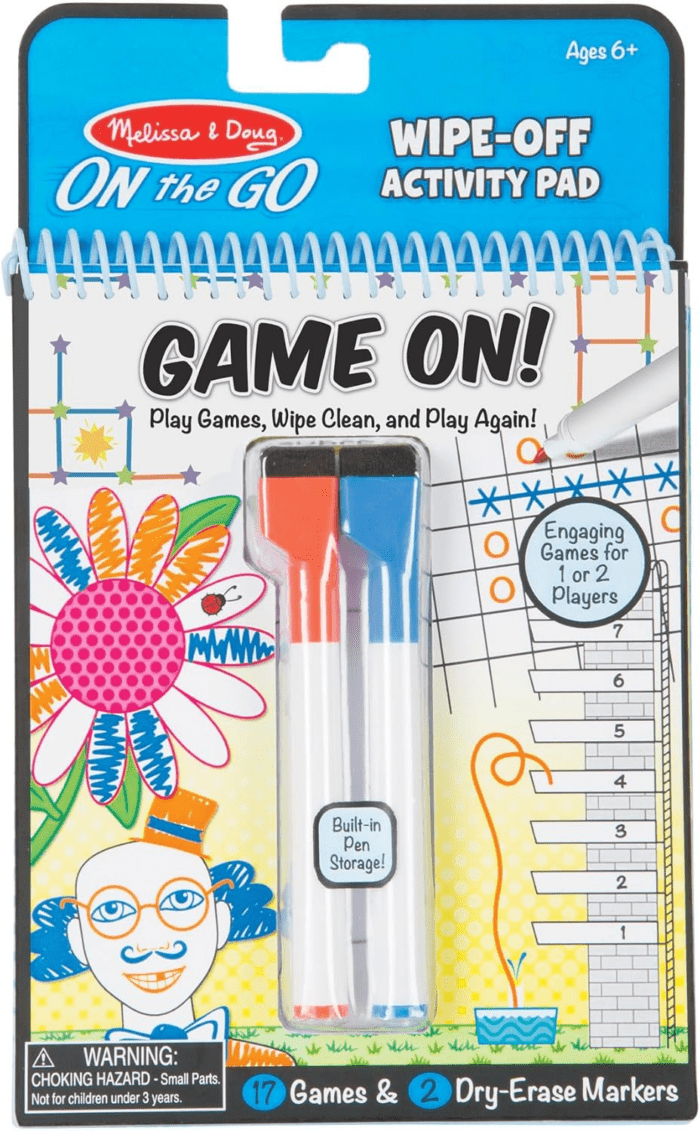 on the Go Game On! Reusable Games Wipe-Off Activity Pad Reusable Travel Toy with 2 Dry-Erase Markers - FSC Certified