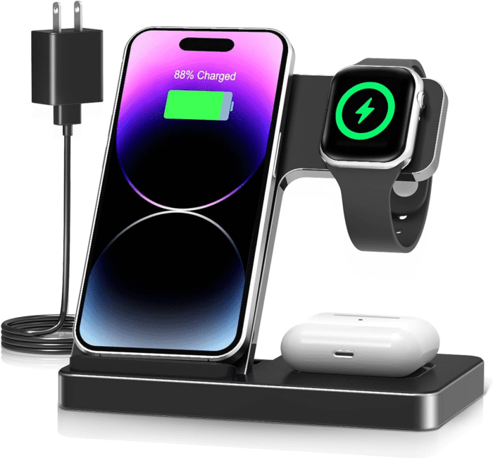 Wireless Charger Iphone Charging Station: 3 in 1 Charger Stand Multiple Devices for Apple - Iphone 16 15 14 Pro Max 13 12 11 - Watch 10 9 8 7 6 5 4 3 2 SE and Ultra Series - Airpods 4 3 2 Pro