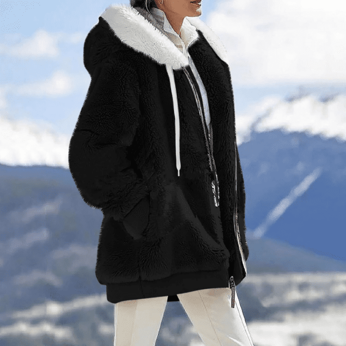 Winter Coats for Women Fuzzy Fleece Jacket Hooded Color Block Patchwork Cardigan Coat Outerwear with Pocket S-5XL - Image 5