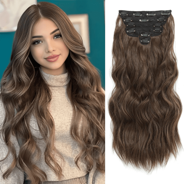 Clip in Hair Extensions for Women, 6PCS Long Wavy Curly Clip on Hair Extensions 20 Inch Synthetic Thick Hairpieces (Chestnut Brown, 20 Inch)