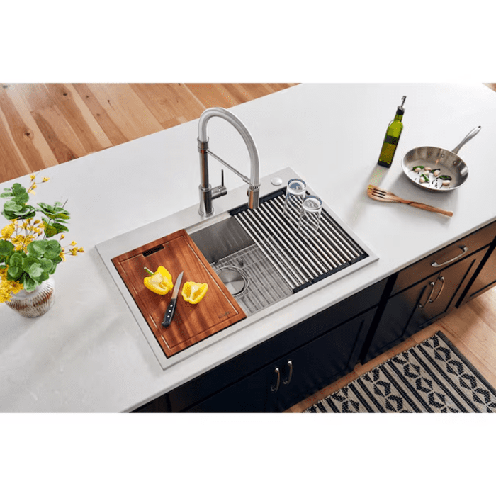 Siena Drop-In 33-In X 22-In Brushed Stainless Steel Single Bowl 2-Hole Workstation Kitchen Sink - Image 9