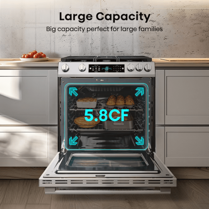 30-In Glass Top 5 Burners 5.8-Cu Ft Self & Steam Cleaning Air Fry Convection Oven Freestanding Electric Range (Stainless Steel) - Image 15