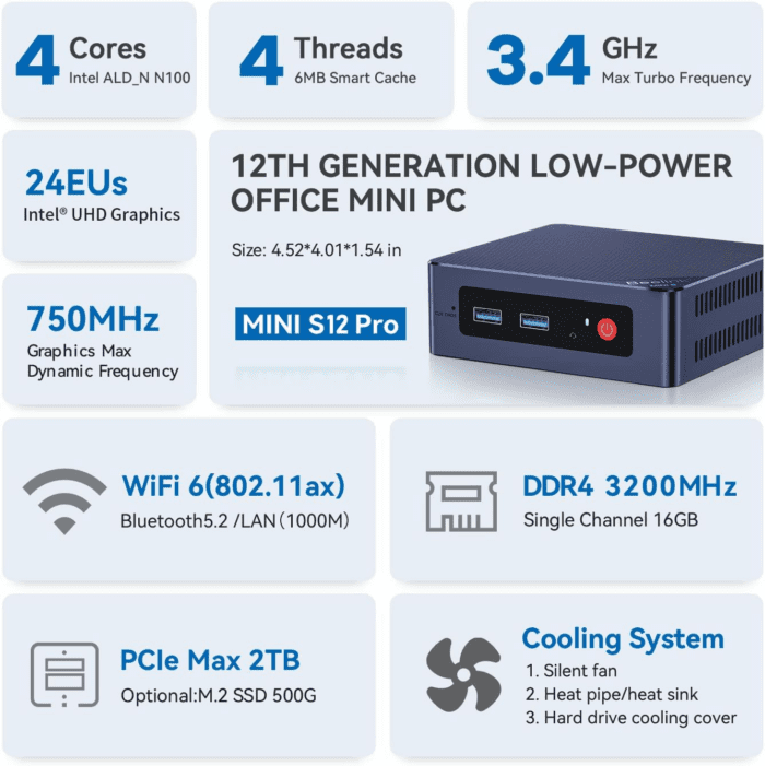 S12 Pro Mini PC, Intel 12Th Gen Alder Lake- N100(Up to 3.4Ghz), 16GB DDR4 RAM 500GB M.2 SSD, Desktop Computer Support 4K Dual Display/Usb3.2/Wifi 6/Bt5.2/Gigabit Ethernet for Home/Office - Image 2