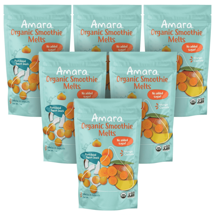 Smoothie Melts - Mango Carrot - Baby Snacks Made with Fruits and Vegetables - Healthy Toddler Snacks for Your Kids Lunch Box - Organic Plant Based Yogurt Melts - 6 Resealable Bags