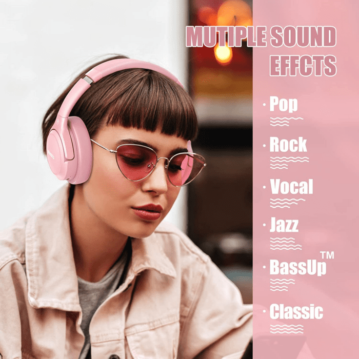 Bluetooth Wireless Headphones over Ear, 65H Playtime and 6 EQ Music Modes with Microphone, Hifi Stereo Foldable Lightweight Headset, Deep Bass for Home Office Cellphone PC Etc.(Pink) - Image 2