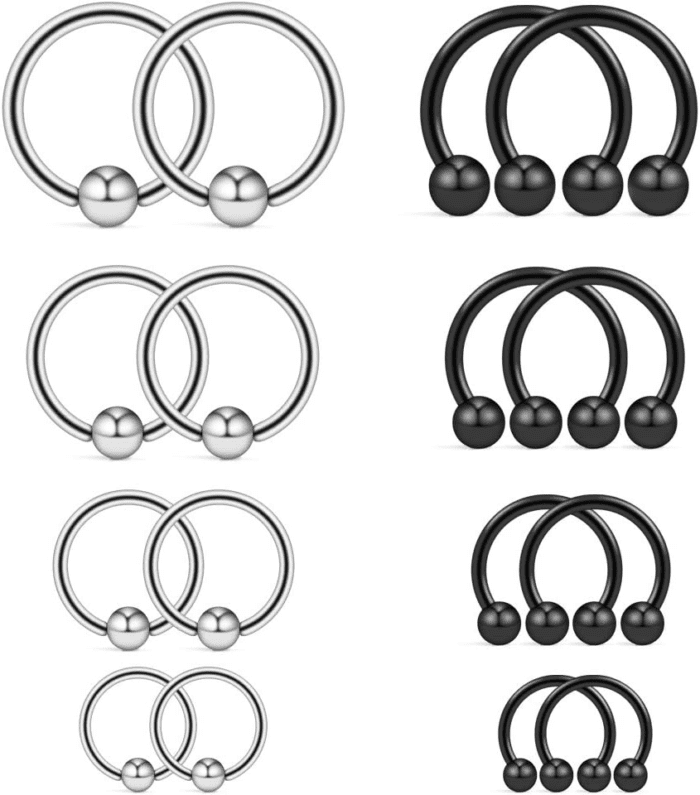 16-24PCS 16G Surgical Steel Horseshoe & Captive Bead Nose Hoop Septum Earring Eyebrow Tongue Lip Nipple Helix Tragus Piercing Jewelry Rings 6-16Mm