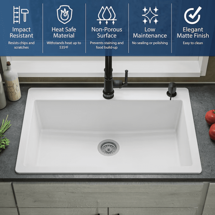 Drop-In 33-In X 22-In White Quartz Single Bowl 1-Hole Kitchen Sink - Image 6