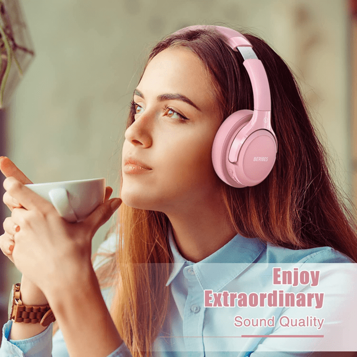 Bluetooth Wireless Headphones over Ear, 65H Playtime and 6 EQ Music Modes with Microphone, Hifi Stereo Foldable Lightweight Headset, Deep Bass for Home Office Cellphone PC Etc.(Pink) - Image 5