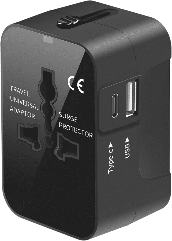 Travel Adapter, Worldwide All in One Universal Travel Adaptor AC Power Plug Adapter Wall Charger with USB-C and USB-A Charging Ports for USA EU UK AUS Black