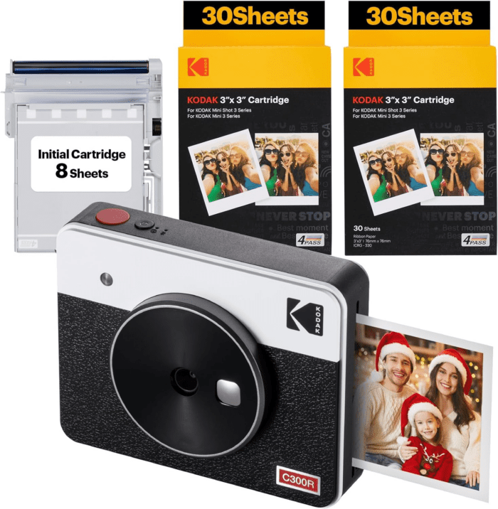 Mini Shot 3 Retro 4PASS 2-In-1 Instant Digital Camera and Photo Printer (3X3 Inches) + 60 Sheets Cartridge Bundle, White