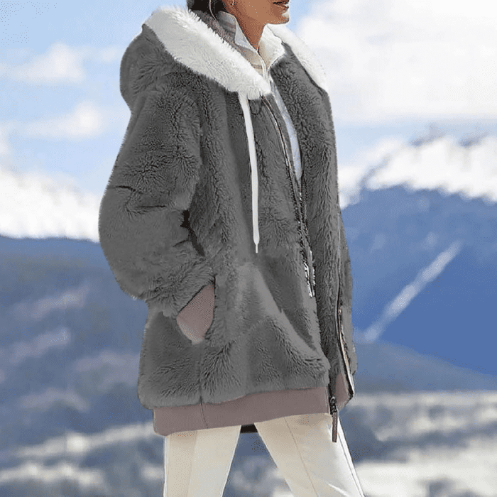 Winter Coats for Women Fuzzy Fleece Jacket Hooded Color Block Patchwork Cardigan Coat Outerwear with Pocket S-5XL - Image 5