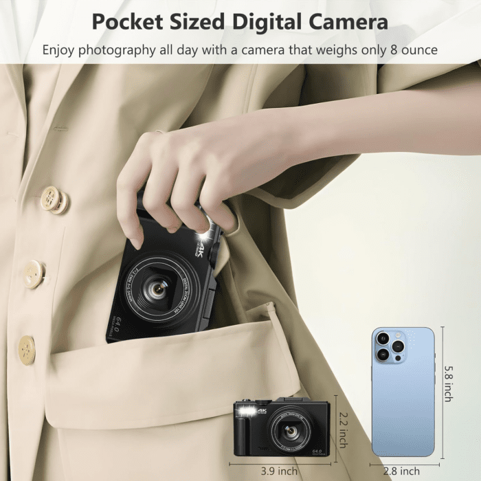 4K Digital Camera for Photography, 64MP Vlogging Camera for Youtube with 3" 180° Flip Screen, 18X Digital Zoom Point and Shoot Camera with 32GB Micro SD Card for Beginner (Black) - Image 7