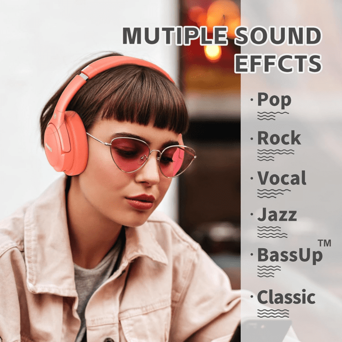 Bluetooth Headphones over Ear, 65H Playtime and 6 EQ Music Modes Wireless Headset with Microphone,Hifi Stereo Foldable Lightweight, Deep Bass for Home Office Outdoors Etc(Orange Red) - Image 3