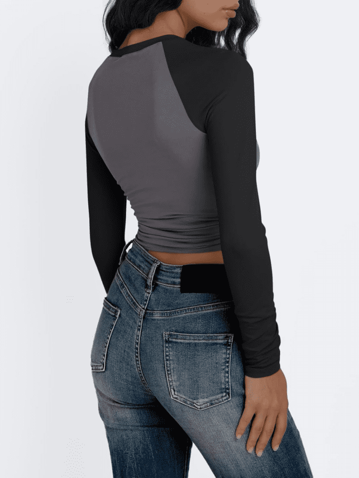 Women'S Long Sleeve Shirts Slim Fit Stretchy Color Block Slightly Cropped Tops - Image 4