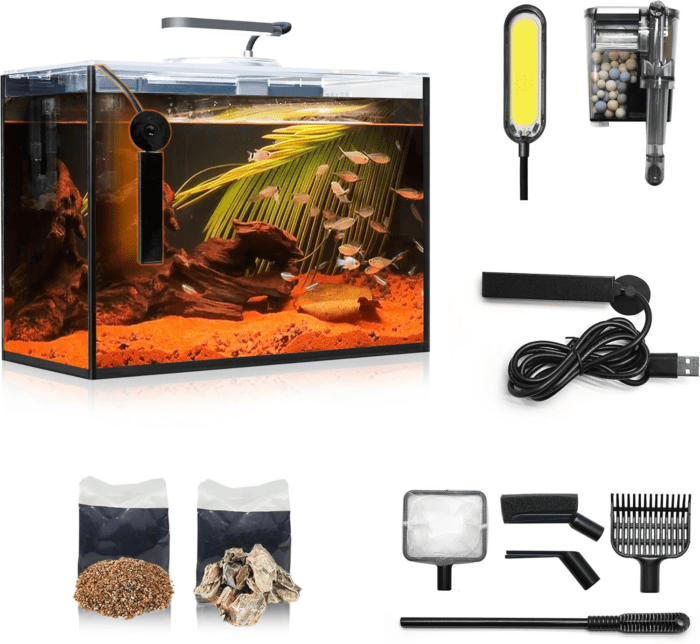 3 Gallon Fish Tank Aquarium Starter Kit, Including Heater Self-Cleaning Filter HD Float Glass Small Fish Bowl Light Rocks Gravel Cleaning Tool Set, Beginner'S Gift for Betta Guppy