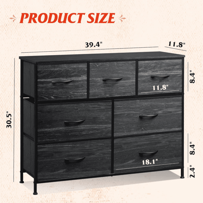 Dresser TV Stand, Entertainment Center with Fabric Drawers, Media Console Table with Metal Frame and Wood Top for TV up to 45 Inch, Chest of Drawers for Bedroom, Charcoal Black Wood Grain Print - Image 3