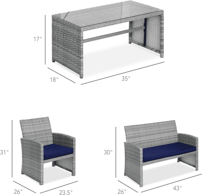 4-Piece Outdoor Wicker Patio Conversation Furniture Set for Backyard W/Coffee Table, Seat Cushions - Gray/Navy - Image 7