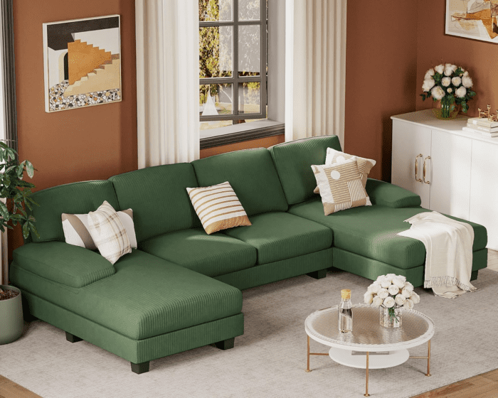 Sectional Couches for Living Room, U Shaped Couch with Chenille Fabric, 4 Seat Modern Sofa with Removable Pillows for Apartment and Small Space (Corduroy, Light Green) - Image 8