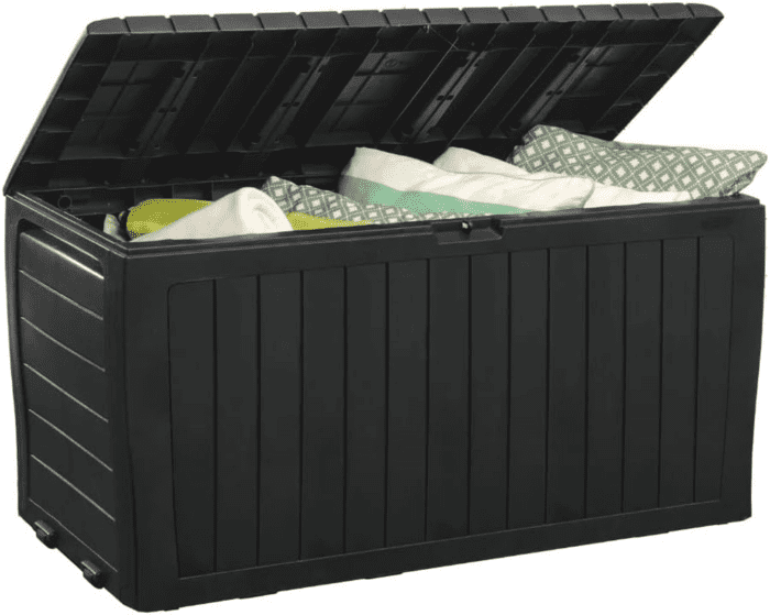 Marvel plus 71 Gallon Resin Deck Box-Organization and Storage for Patio Furniture Outdoor Cushions, Throw Pillows, Garden Tools and Pool Toys, Dark Grey