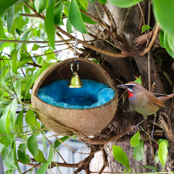 2 Pcs Natural Coconut Shell Bird Nest House Bed Breeding Nesting Anti-Pecking Bite with Warm Pad and Bell for Bird Parrot Budgie Parakeet Cockatiel Conure Lovebird Canary Finch - Image 3