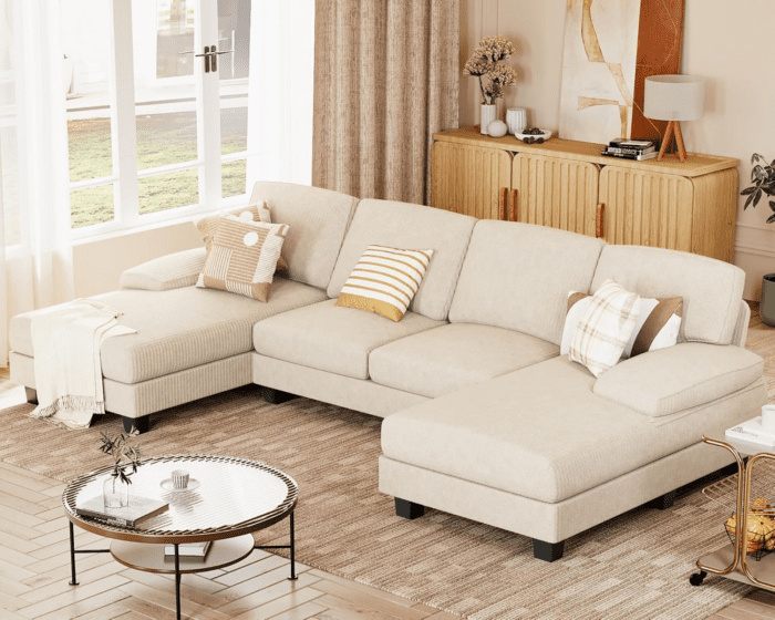 Sectional Couches for Living Room, U Shaped Couch with Chenille Fabric, 4 Seat Modern Sofa with Removable Pillows for Apartment and Small Space (Corduroy, Beige) - Image 6