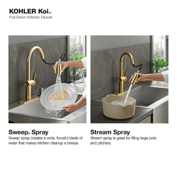 Koi Vibrant Brushed Moderne Brass Single Handle Pull-Down Kitchen Faucet with Sprayer (Deck Plate and Soap Dispenser Included) - Image 4