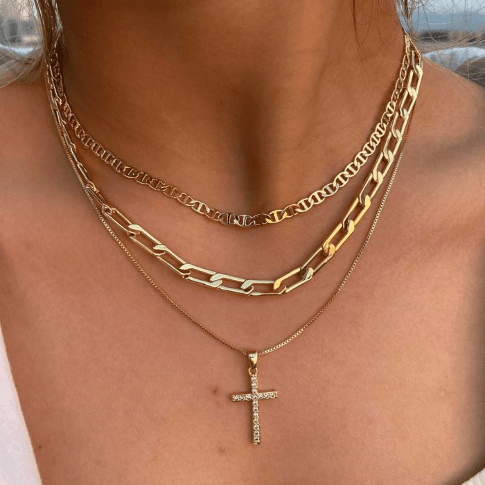 Cross Necklace for Women,Stackable Stacked Stacking Layering Layered Necklaces Dainty Gold Necklace Paperclip Box Flat Mariner Chain Necklace Cross Pendant CZ Diamond Simple Jewelry Gift - Image 3