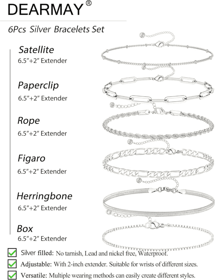 Dainty Silver Bracelets for Women Trendy, 925 Sterling Silver Jewelry Set for Women Bracelets for Women Paperclip Box Herringbone Figaro Rope Chain Bracelet Fashion Pack Gifts for Women - Image 6