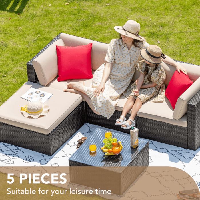 5 Pieces Patio Furniture Sets All Weather Outdoor Sectional Patio Sofa Manual Weaving Wicker Rattan Patio Seating Sofas with Cushion and Glass Table(Beige) - Image 5