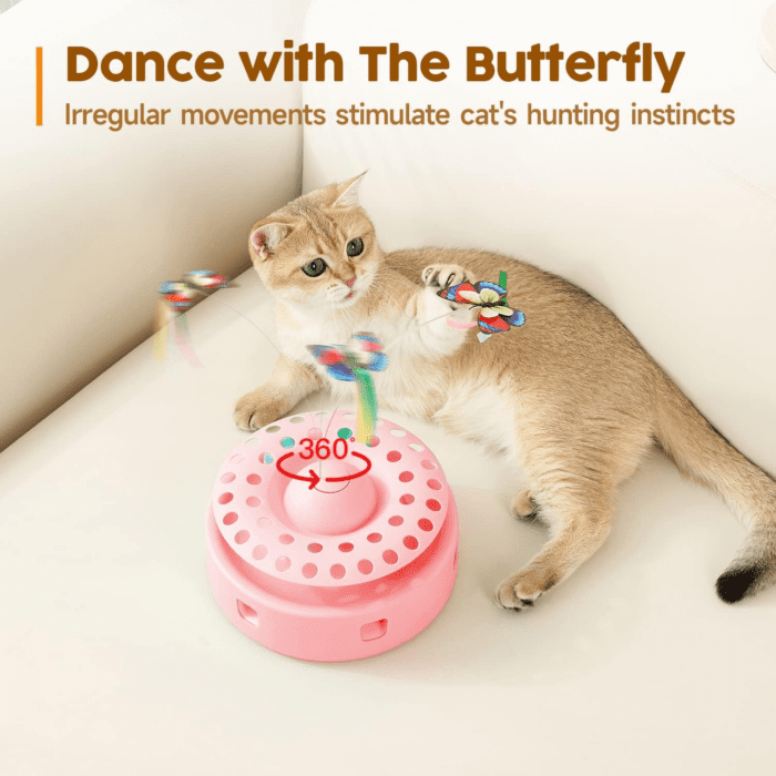 Cat Toys 3-In-1 Automatic Interactive Kitten Toy, Fluttering Butterfly, Random Moving Ambush Feather, Track Balls, Dual Power Supplies, USB Powered, Indoor Exercise Cat Kicker (Pink) - Image 3