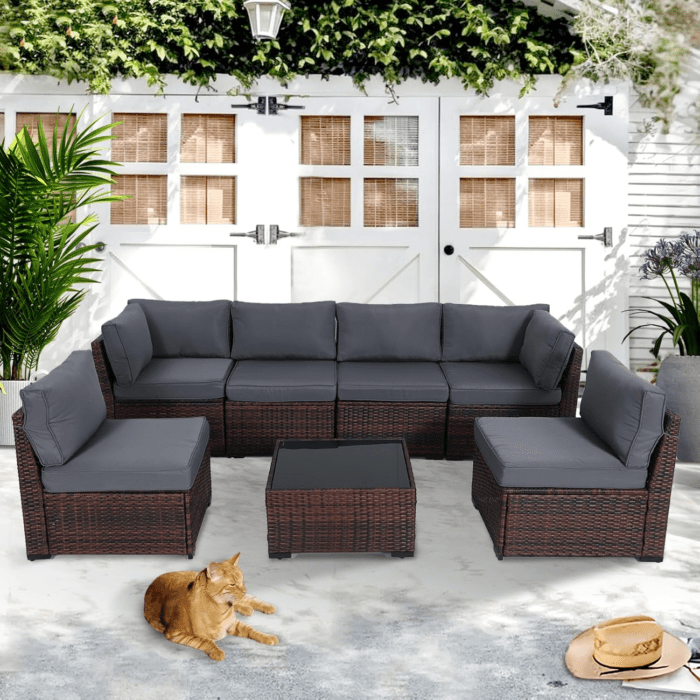 7 Piece Outdoor Furniture Set, PE Rattan Patio Conversation Set, Outdoor Sectional Furniture Sofa Set with Thick Cushions and Coffee Table, Gray - Image 5