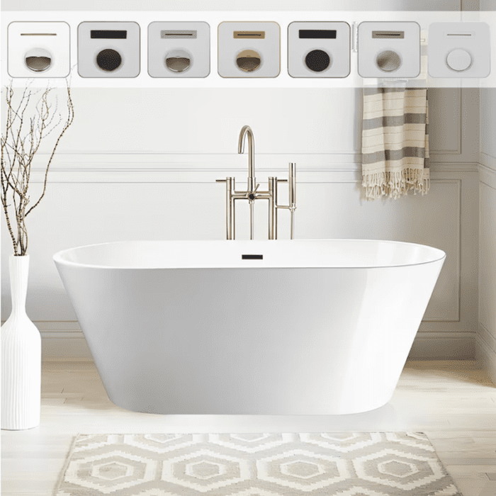 29.5-In X 59-In White/Polished Chrome Acrylic Oval Freestanding Soaking Bathtub with Drain (Center Drain) - Image 15