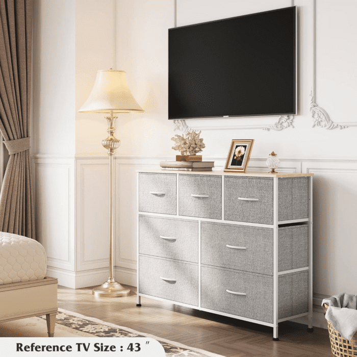 Dresser TV Stand, Entertainment Center with Fabric Drawers, Media Console Table with Metal Frame and Wood Top for TV up to 45 Inch, Chest of Drawers for Bedroom, Living Room, Light Grey - Image 4