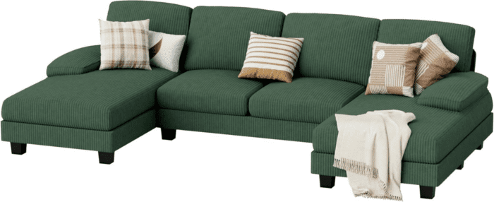 Sectional Couches for Living Room, U Shaped Couch with Chenille Fabric, 4 Seat Modern Sofa with Removable Pillows for Apartment and Small Space (Corduroy, Light Green) - Image 7