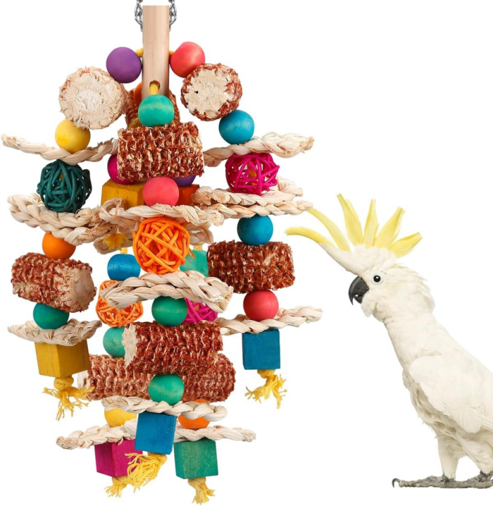 Parrot Toys Bird Toys Natural Corn Cob Bird Chew Toys for Small and Medium-Sized Macaws,African Grey,Cockatoos,Amazon Parrots,Parakeet,Cockatiel,Sun Conure, Lovebird with Wooden Blocks