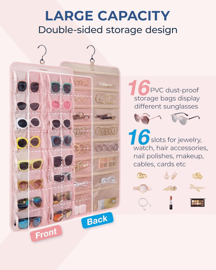 Hanging Jewelry Organizer, Dust Proof Sunglasses Storage Case Wall Mounted, Travel Dual Sided Glasses Case Multiple Pairs, Eyeglasses Holder with 32 Clear Slots & Metal Hook, Pink - Image 2