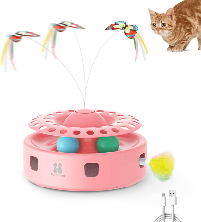 Cat Toys 3-In-1 Automatic Interactive Kitten Toy, Fluttering Butterfly, Random Moving Ambush Feather, Track Balls, Dual Power Supplies, USB Powered, Indoor Exercise Cat Kicker (Pink)