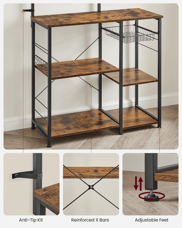 Baker'S Rack, Microwave Stand, Kitchen Storage Rack with Wire Basket, 6 Hooks, and Shelves, for Spices, Pots, and Pans, Rustic Brown and Ink Black UKKS35X - Image 7