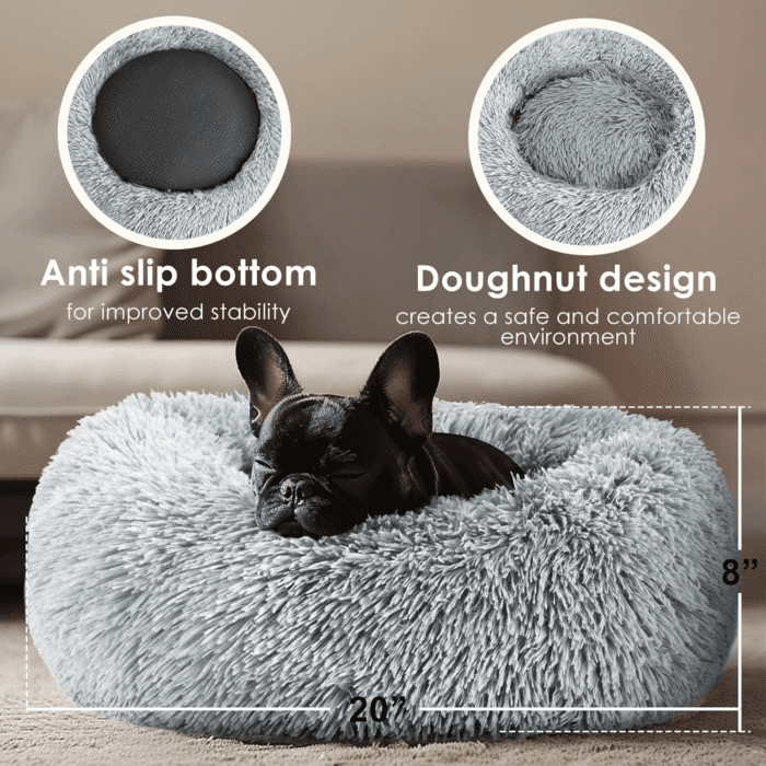 Dog & Cat Bed, 20In Cat Beds for Indoor Cats, Calming Donut Bed for Puppy and Kitten, Washable round Fluffy Pet Bed for Small Medium Dogs and Cats (Light Grey) - Image 3