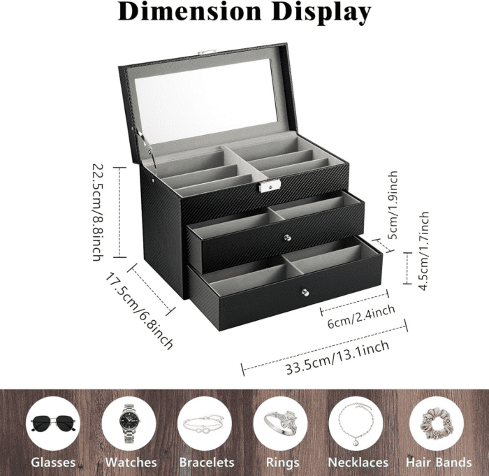 Sunglasses Organizer with 18 Slots, 3-Layer Leather Sunglass Display Collection Holder Case with Drawer Clear Glass Lid, Lockable Eyeglass Glass Jewelry Watch Storage Box for Women Men, Black - Image 6