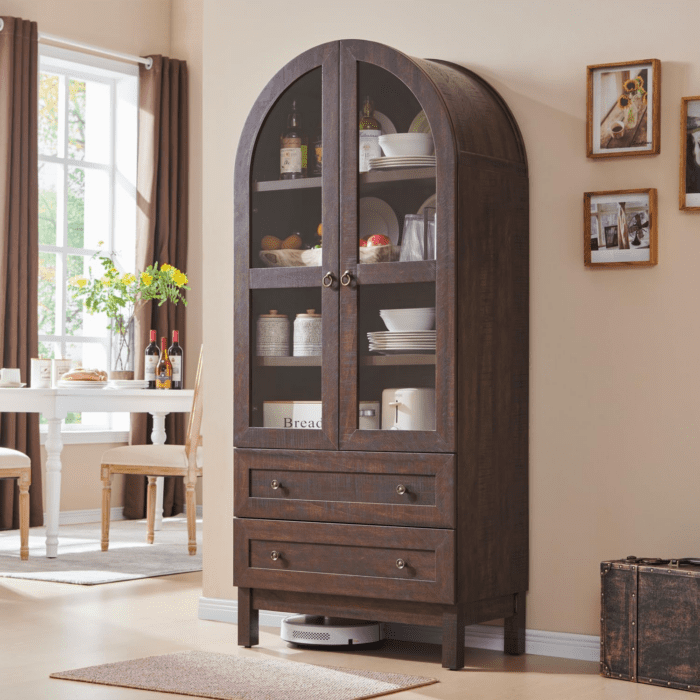 71" Tall Arched Kitchen Pantry Cabinet, Wood Kitchen Storage Cabinets with 2 Large Drawers and Adjustable Shelves, Modern Farmhouse Versatile Cupboard for Kitchen, Dining Room, Bathroom, Brown - Image 3