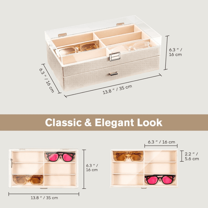 12 Slots Acrylic Clear Top Sunglass Organizer, 2 Layers Eyeglasses Case Multi Pairs Storage Eyewear Display Holder with Transparent Lid and Drawer -Champagne - Image 5