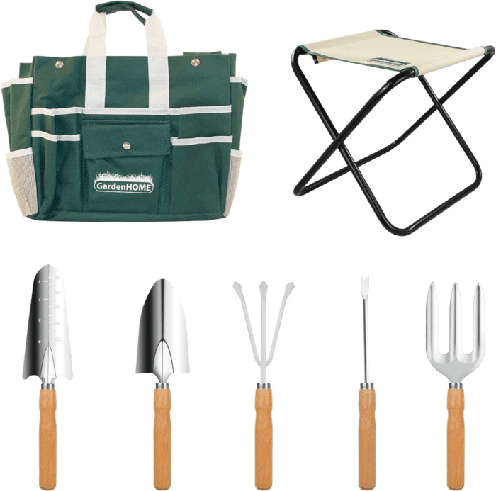 Garden Tool Set, Stainless Steel 7 Piece Tool Set, Heavy Duty Folding Stool, Detachable Canvas Tote Bag, Gardening Tool Kit Organizer - Image 2